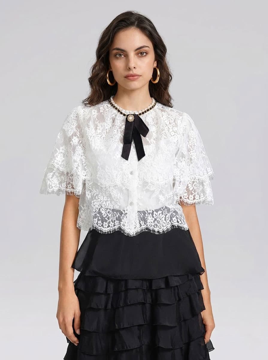 Lace Bow Tie French Style Blouse(Camisole Included)