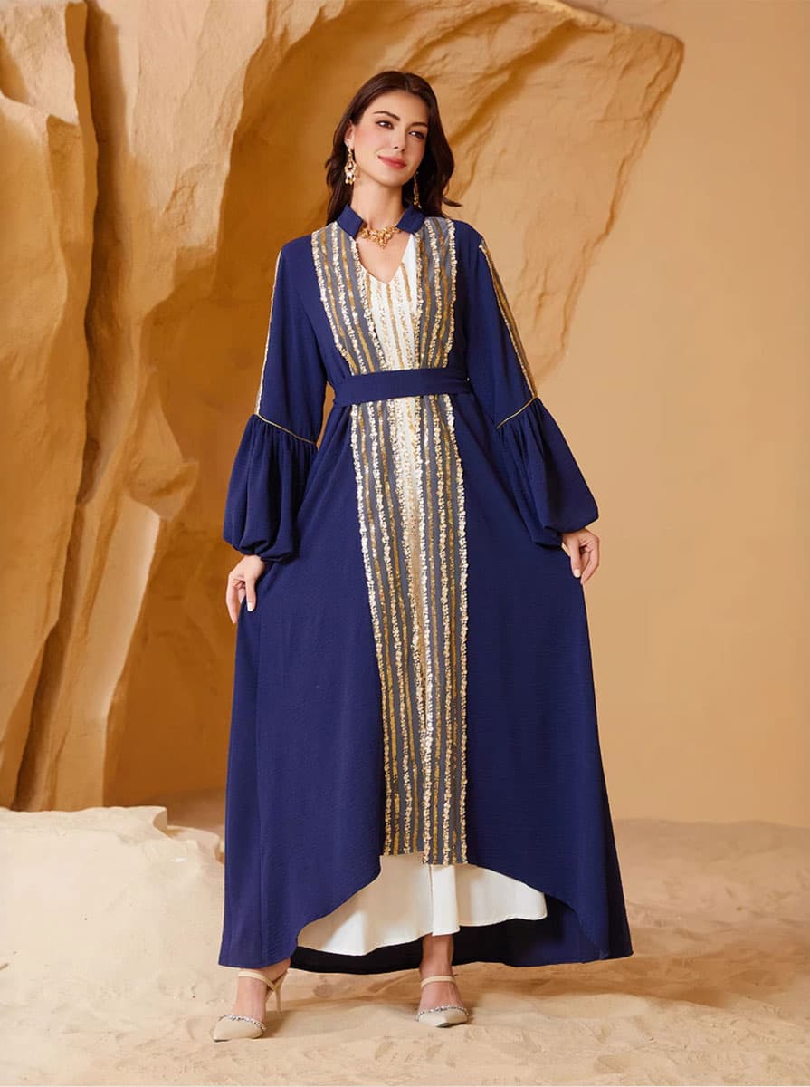 Regal Ivory & Gold Kaftan Set - Chevron Sequin Sheer Outer Layer with Belted Inner Dress