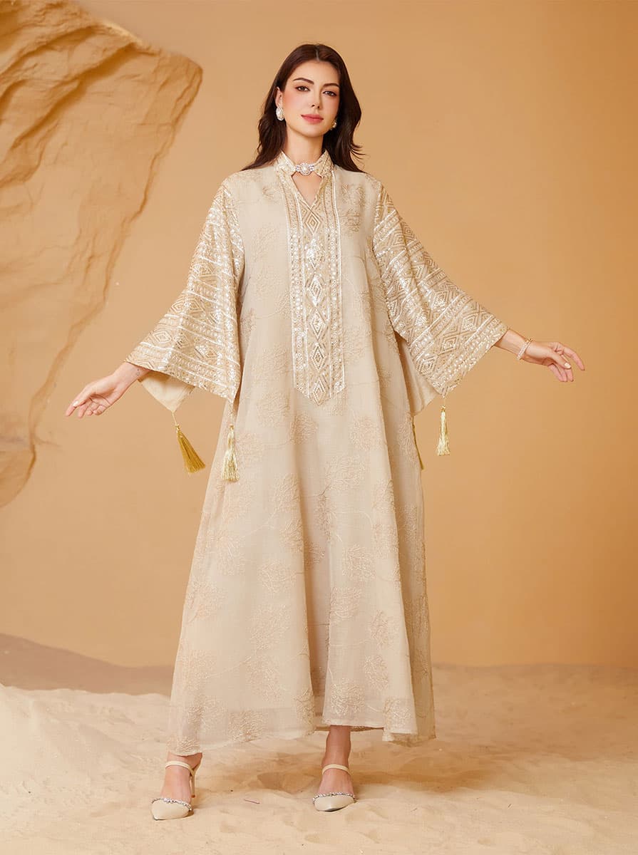 Flowing Desert Oasis Jacquard Maxi Gown - Shimmering Embroidered Bell Sleeve Holiday Dress