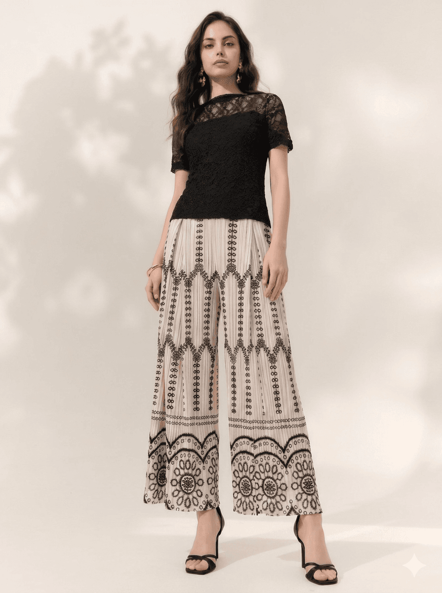 Bohemian Chic High-Waisted Pleated Pants in Beige & Black