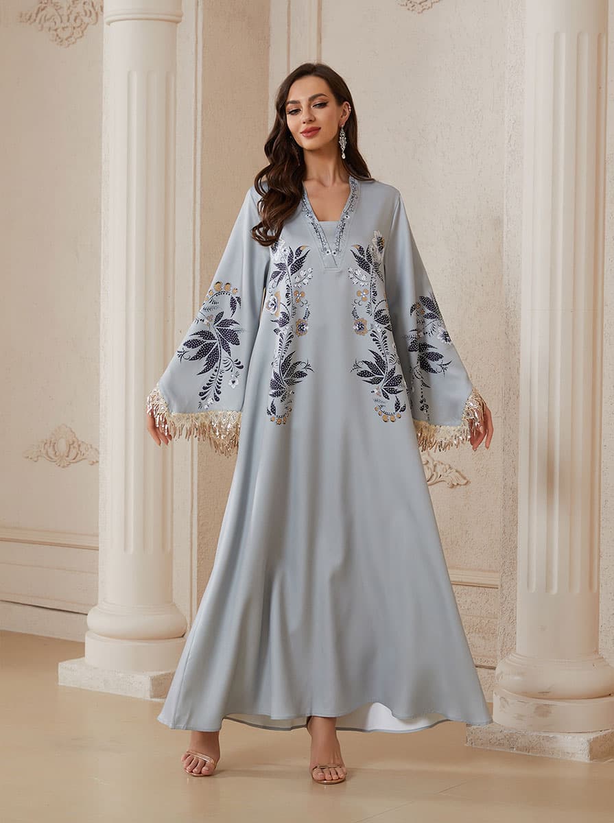 Serene Light Gray Satin Kaftan Maxi Dress - Intricate Botanical Embroidery with Sparkling Shimmer Cuff Fringe