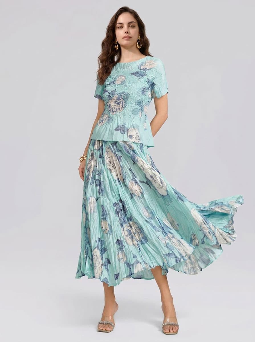 Floral Pleated Short-Sleeve Top & Skirt Set