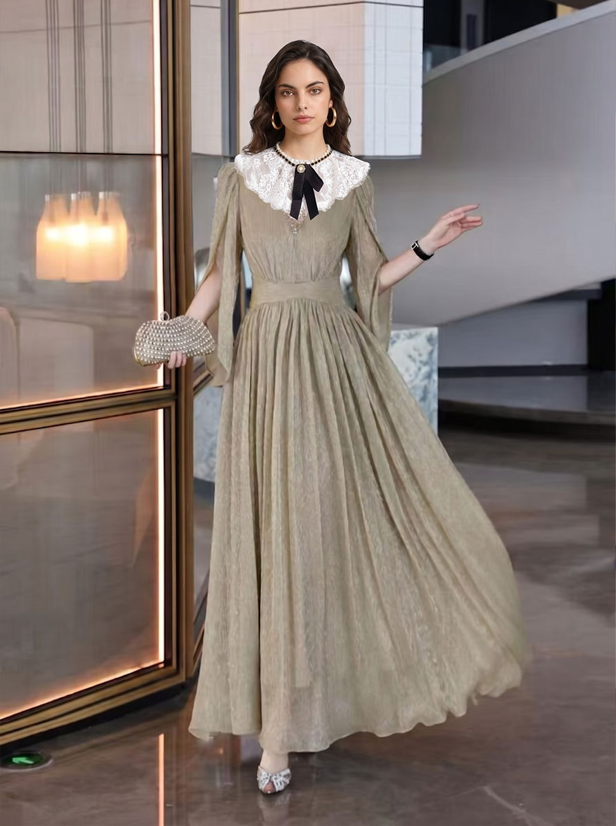 Turn Heads in Elegance – The Shimmering Gold Pleated Maxi Gown