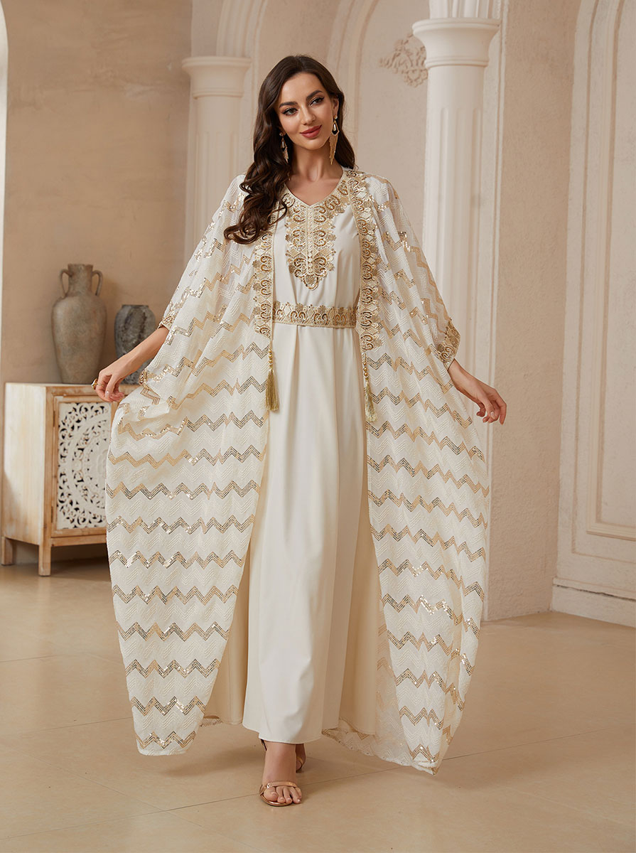 Luxury Embroidered Ivory Satin Maxi Dress - Modest V-Neck Long Sleeve Formal Jalabiya Gown