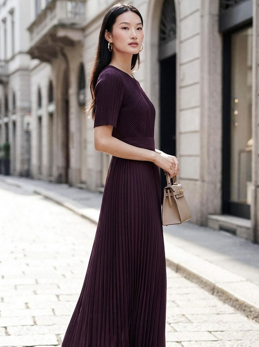 Shimmering Champagne Maxi Dress with Pearl-Accented Lace Collar